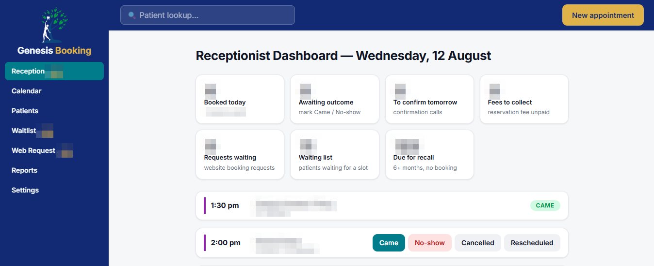 Genesis Booking receptionist dashboard, patient details blurred