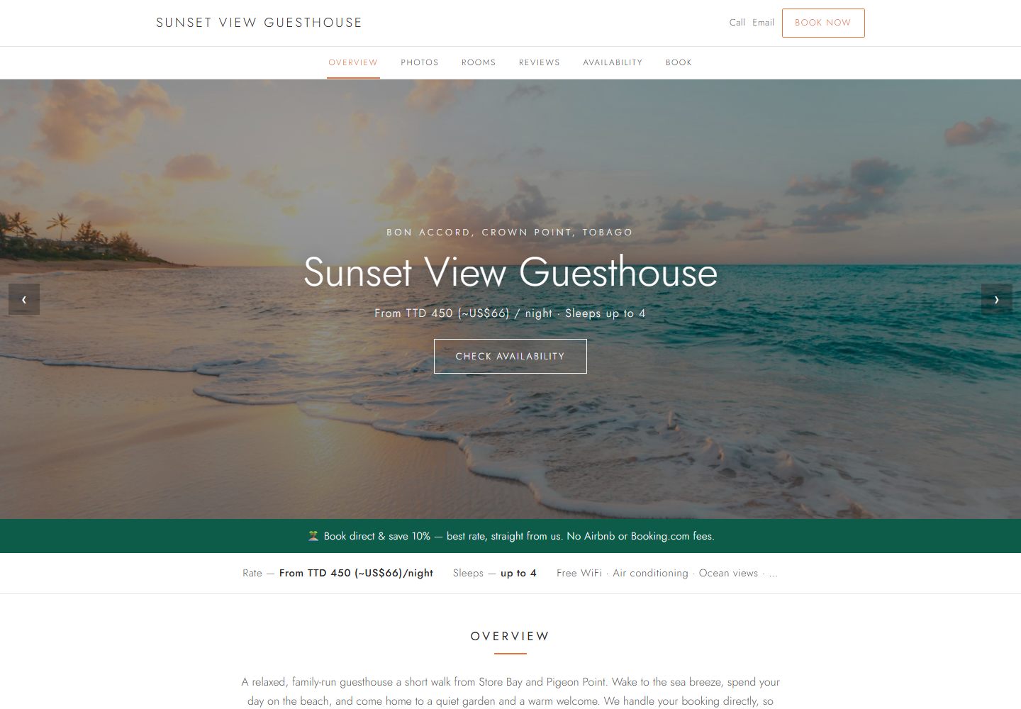 Guesthouse Manager direct-booking website, live in Tobago